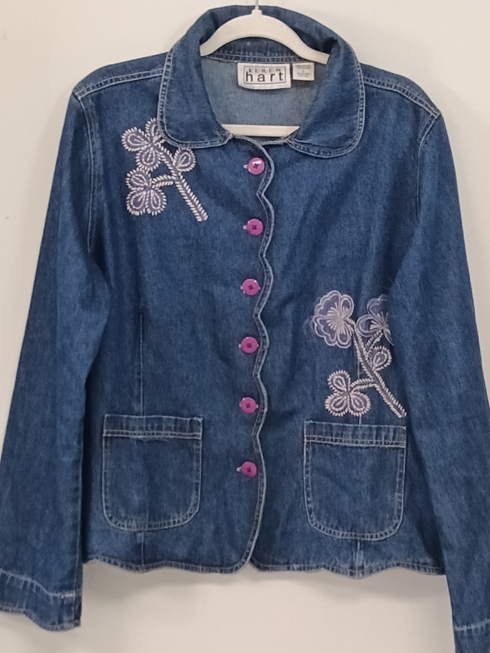 Vintage 90's Floral Embroidered Denim Scalloped Edge Jacket L Cottagecore Artsy